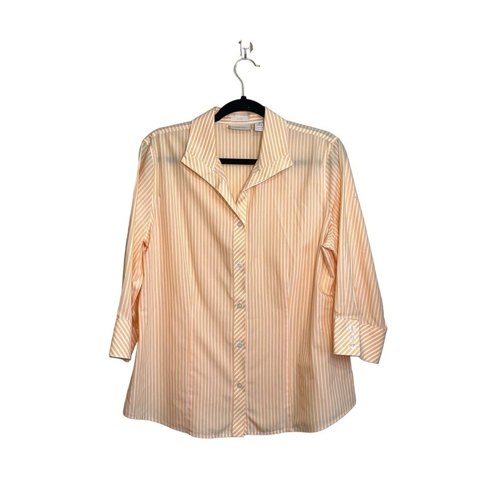 Chico’s No Iron 100% Cotton Neon Orange & White Striped Button Down Shirt Large